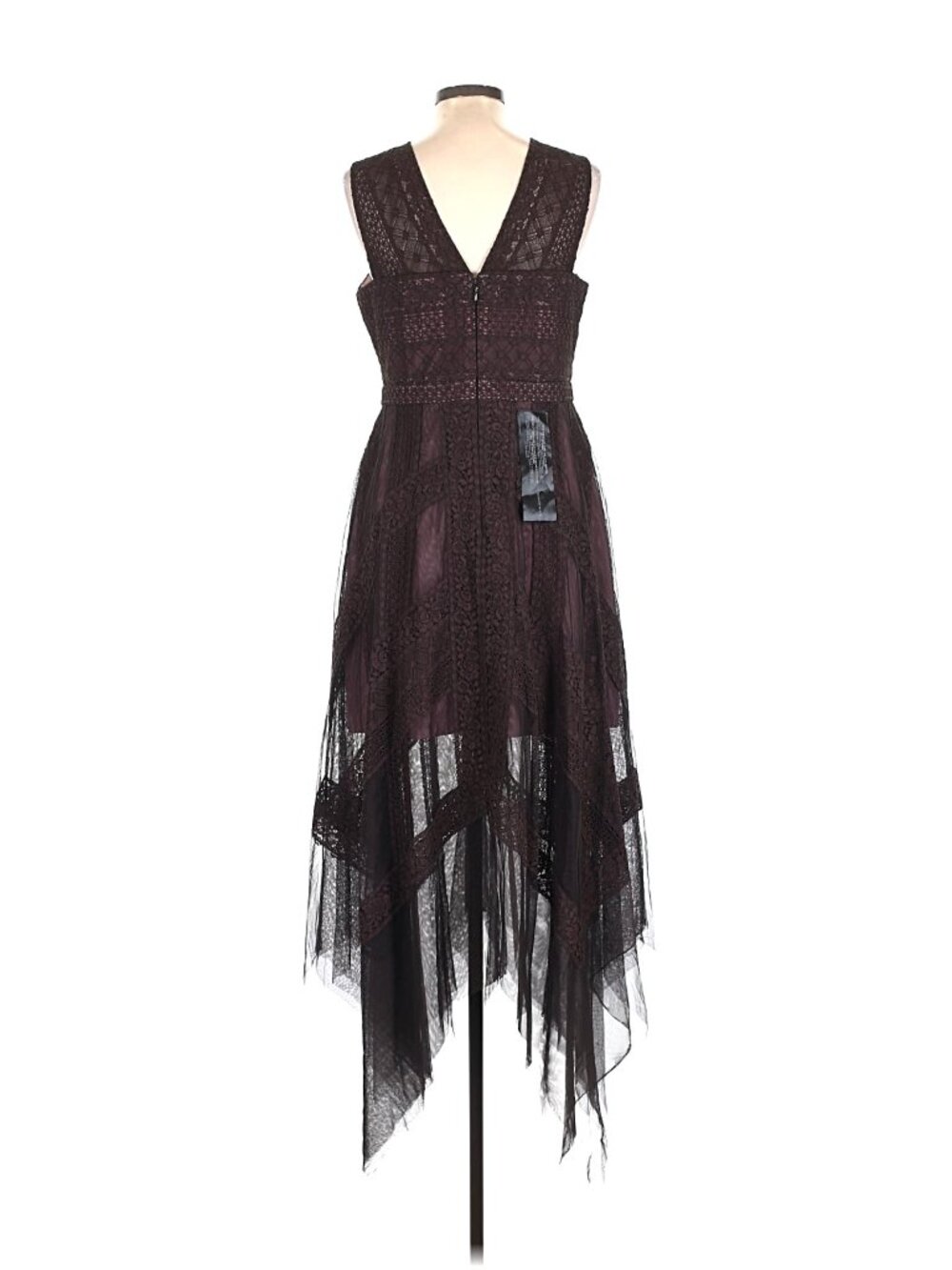 NWT BCBG MaxAzria Andi in Coffee Bean Brown Lace Handkerchief Hem Sheer Dress 12 - Picture 4 of 9